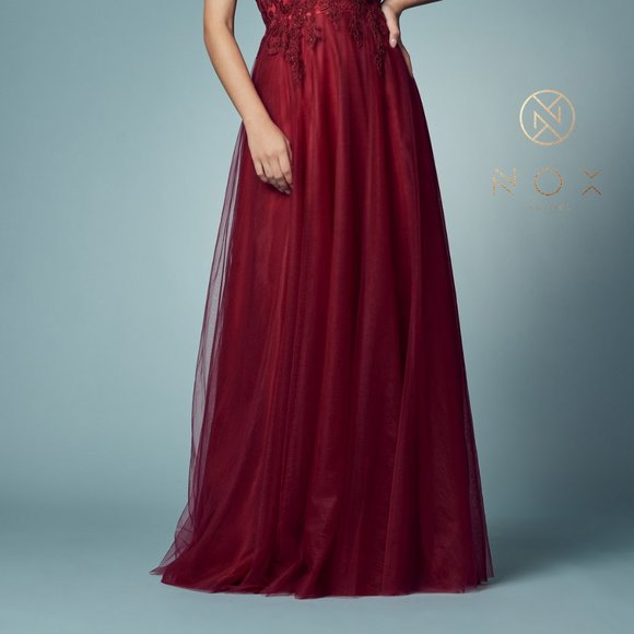 NEW BURGUNDY OFF THE SHOULDER LONG A-LINE DRESS WITH FLUFFY SKIRT AND ZIP NXR357 - Picture 7 of 7